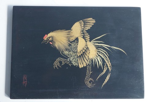 Panneau bois laqué coq - bois, maki-e