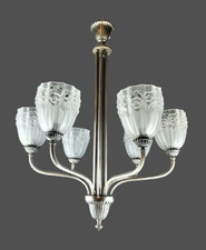 Lustre Art Deco 6 tulipes de DEGUE monture en bronze nickelé France 1930s