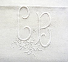 GRAND DRAP ANCIEN EN LIN BLANC 210x290cm MONOGRAMME CB BRODE A LA MAIN ET FESTON