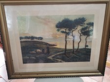 Tableau Peinture gravure impression sous verre J.Marcelin Paysage Bretagne