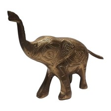 Sculpture Éléphant Laiton Massif Inde 1970 Vintage Gravé Main Talisman Chance