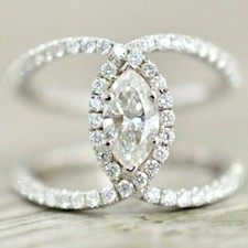 2.2Ct Marquise Coupe Solitaire Simulé Fiançailles Robe Bague 925 Argent Sterling