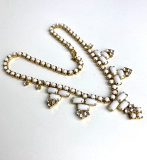 Collier Vintage Laiton Strass Perles Verre De Lait