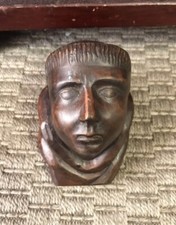 RARE ANCIENNE MAGNIFIQUE STATUE BUSTE MOINE RELIGIEUX EN BOIS SIGNÉ