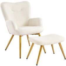 Fauteuil de Salon en Tissu Bouclé Repose-pieds Pieds en Métal Dorés