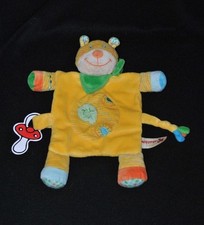 Peluche doudou chat plat NICOTOY jaune feuille bandana vert attache tétine NEUF