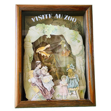 Cadre ancien boite vitrine diorama livre pop-up enfants vintage Un jour au Zoo