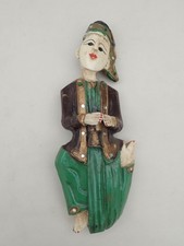 Ancienne statue murale musicien en bois sculpté peint à la main - Asie, Birmanie