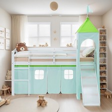 Lit mezzanine 90x200 d'enfant avec sommier toboggan tour vert clair Homestyle4u