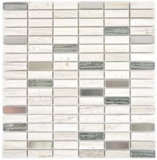 Mosaïque baguette cristal inox verre pierre bois gris blanc 87-2002_f |10plaques