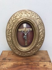 Antique Convex Glass Dome Crucifix French Cross Oval Wood Gesso Frame red Velvet