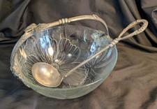 Saladier Panier et sa Louche, Salade de Fruits, Étain 95 %, Verre fleur relief