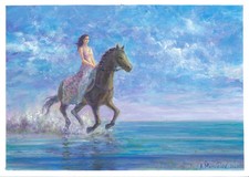 femme chevauchant  sur la plage à cheval, tableau original A3   peinture huile
