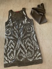 RENÉ DERHY: SUBLIME ROBE SOIRÉE/CÉRÉMONIE/COCKTAIL COULEUR TAUPE & SEQUINS, T. L
