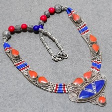 Collier népalais en lapis-lazuli pierre précieuse corail rouge mode bijoux Ba...