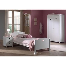Pack - Lit Enfant, Sommier, Chevet & Armoire "Amori" 90x200cm Blanc