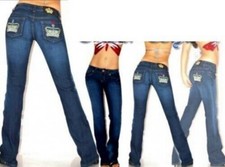 Sexy Miss Mesdames Girly Hanche Pantalon Jeans Couronne Broderie or Argent S 34