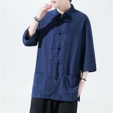 Chinois Tang Costume Homme Rétro Demi Chemise Manche Kung Fu Tai Chi Veste Hanfu