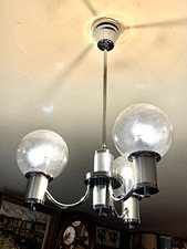 LUSTRE 3 GLOBES en VERRE FUMÉ, DESING 1970, Monture en Aluminium et Métal chromé