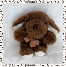 Doudou Peluche Chien Assis Marron Blanc Noeud Satin