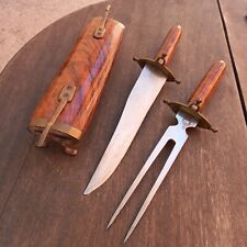 Magnifique SET de BARBECUE Couteau Fourchette Étui En Joli Bois Et Laiton 
