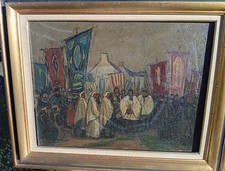 OUESSANT 1948 Procession Île Bretagne Tableau Huile 42x55 Signé Marius CHAMBAZ