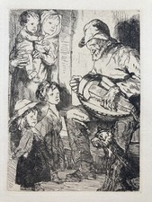 GRAVURE BERNARD NAUDIN EAU FORTE SUR JAPON SCÈNE DE GENRE JOUEUR VIELLE À ROUE