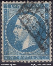 FRANCE NAPOLEON III 20c BLEU N° 22 AVEC OBLITERATION GRILLE