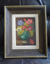 Joli Tableau signé peinture vase bouquet Fleurs cadre bois rétro vintage 1979