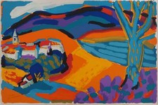 Pierre AMBROGIANI : Village sur la colline, Lithographie originale signée