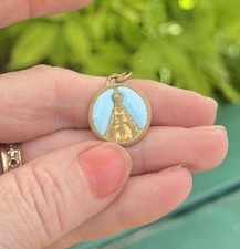 French medal Virgin Mary Medal Brass Blue Enamel Antique Necklace Gold Round ⅝”