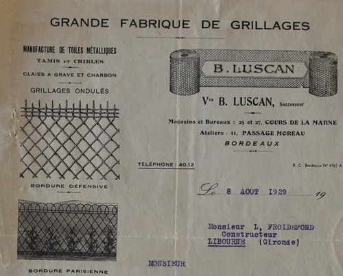 Facture bordeaux 1929 grillage - bordeaux,