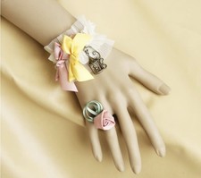 Bracelet femme bague tissu Plissé beige crème noeud satin rose jaune rose cage