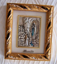 Cadre et MINIATURE en Etain Thème Scène LOURDES Vierge Marie