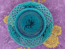 Assiette Décorative Ajourée Emaux Ombrants Rubelles SGDG Majolique Barbotine