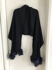 Neiman Marcus Par Patrick Noir Tricot Châle Avec Blue Lapin Fourrure Bordure