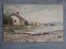 Aquarelle ancienne - bord de mer ou lac - signée