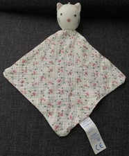 2986?Doudou Plat OBAIBI Okaïdi Chat Blanc Lange Fleur Liberty Fleurs Rose Vert