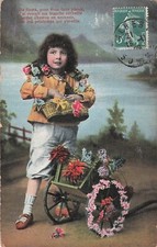 CP ENFANT AVEC BROUETTE PANIER DE FLEURS - 39993