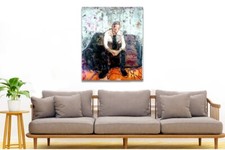 Grand Tableau Homme Golden Boy Personnage Sofa 92x73cm/toile Signé S.Dez