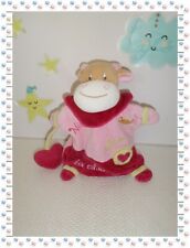 N - Doudou Semi Plat Marionnette Vache Nina Rose Fuchsia Coeurs Baby Nat