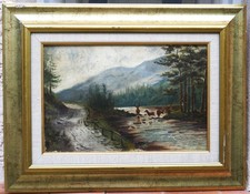 tableau ancien à restaurer signé Gauthier: cerfs dans la rivière