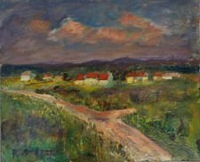 Roland DUBUC : Route vers le village, Huile sur toile signée
