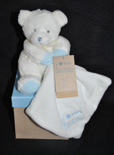 DOUDOU ET COMPAGNIE DC2915 ours blanc mouchoir j'aime mon doudou bleu 100 % NEUF