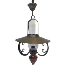 LUSTRE SUSPENSION BOIS METAL ET VERRE STYLE LAMPE A PETROLE