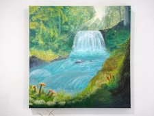 Tableau acrylique unique - Cascade apaisante dans la forêt – 50x50