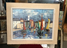 Tableau huile sur toile au couteau Signé Henri MOREILLON XXe bateaux au port