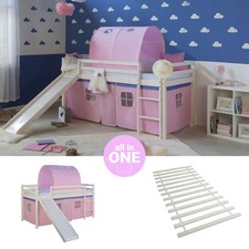 Cadre de Lit d'enfant superposé 90x200 Toboggan Lattes Tunnel Rose Homestyle4u