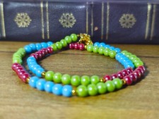 Coloré Verre Perle Collier, Bleu Turquoise, Citron Vert et Rouge, Agrafe en Or