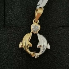 Pendentif Or 18K 750 Mls. 2 Dauphins Et Cœur En Zircon